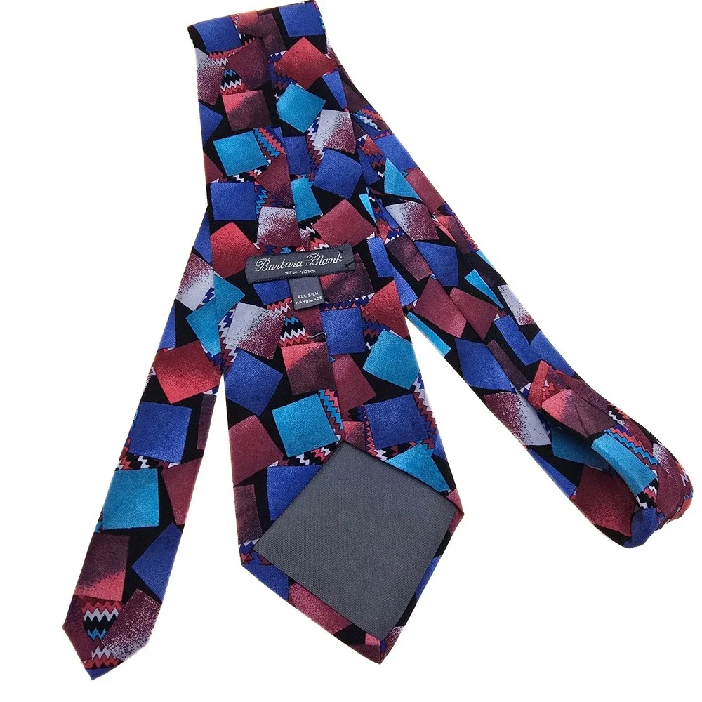 Barbara Blank‎ New York Silk Tie Geometric Abstract Squares Blue Red Handmade